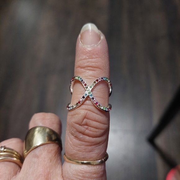 Silver double loop ring multicolor stones, size 6.5 - Picture 5 of 6